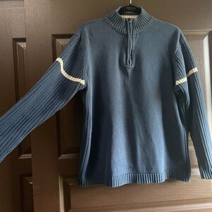 B.U.M Equipment Men’s Blue & Cream Knit Ribbed Quarter Zip Sweater, Size L